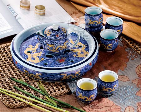 十件套藍(lán)海浪金龍茶具
