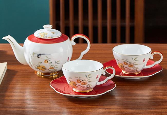 670CC柿柿如意1壺2杯碟茶具（覆盆子紅）不配勺子