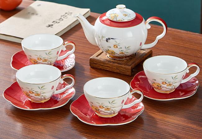 670CC柿柿如意1壺4杯碟茶具（覆盆子紅）不配勺子
