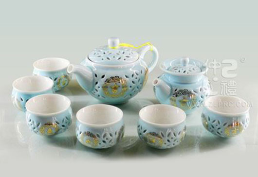 海碧藍(lán)釉通孔吉祥如意10頭茶具組