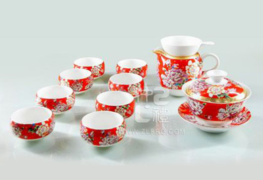 亞光白釉紅牡丹新茶碗蘋果杯13頭功夫茶具組（八馬）