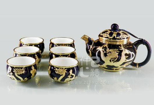 藍(lán)釉貼金大聞香壺新大雙層杯8頭茶具組