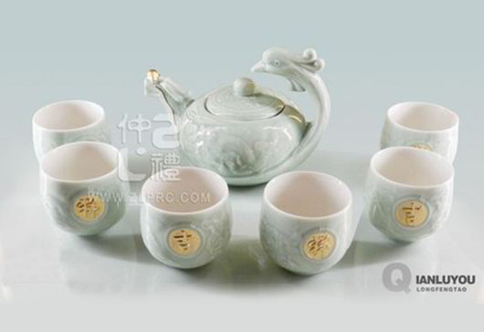 淺綠釉大號(hào)龍鳳壺8頭茶具組