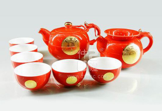 紅釉萬(wàn)事如意圓茶壺新茶杯10頭茶具組