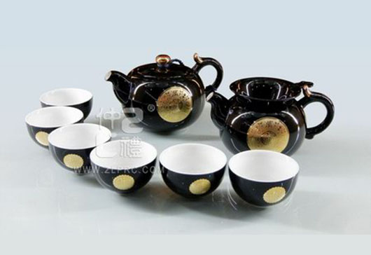 黑釉萬(wàn)事如意圓茶壺新茶杯10頭茶具組