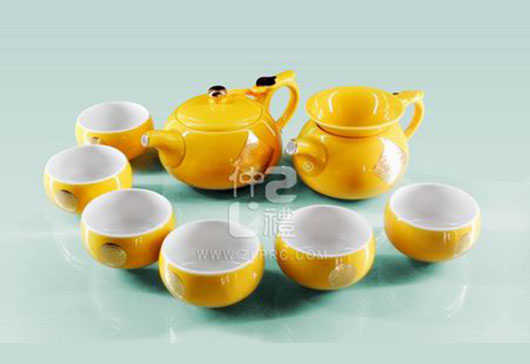 新黃釉萬(wàn)事如意小圓茶壺小蘋果杯10頭茶具組