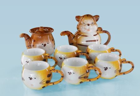 透明釉小貓?jiān)煨?0頭茶具組