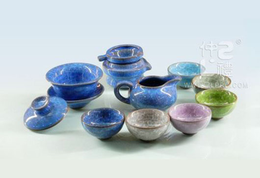藍(lán)色冰裂釉茶海茶備配6色杯12功夫頭茶具
